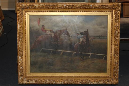 Godfrey Douglas Giles (1857-1923) Jockeys at the fence, 22.5 x 30in.